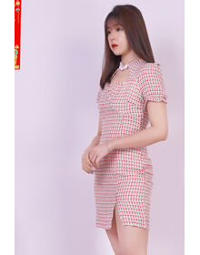 Plaid Raw Trim Tweed Cutout Side Split Cheongsam Dress (Red)